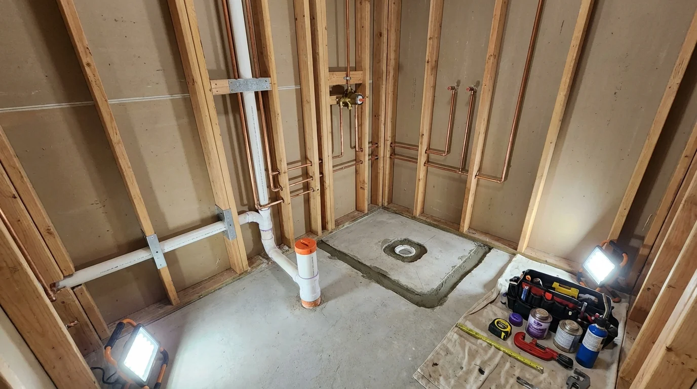 Bathroom rough-in plumbing during remodel by Johns Plumbing LLC in Corsicana