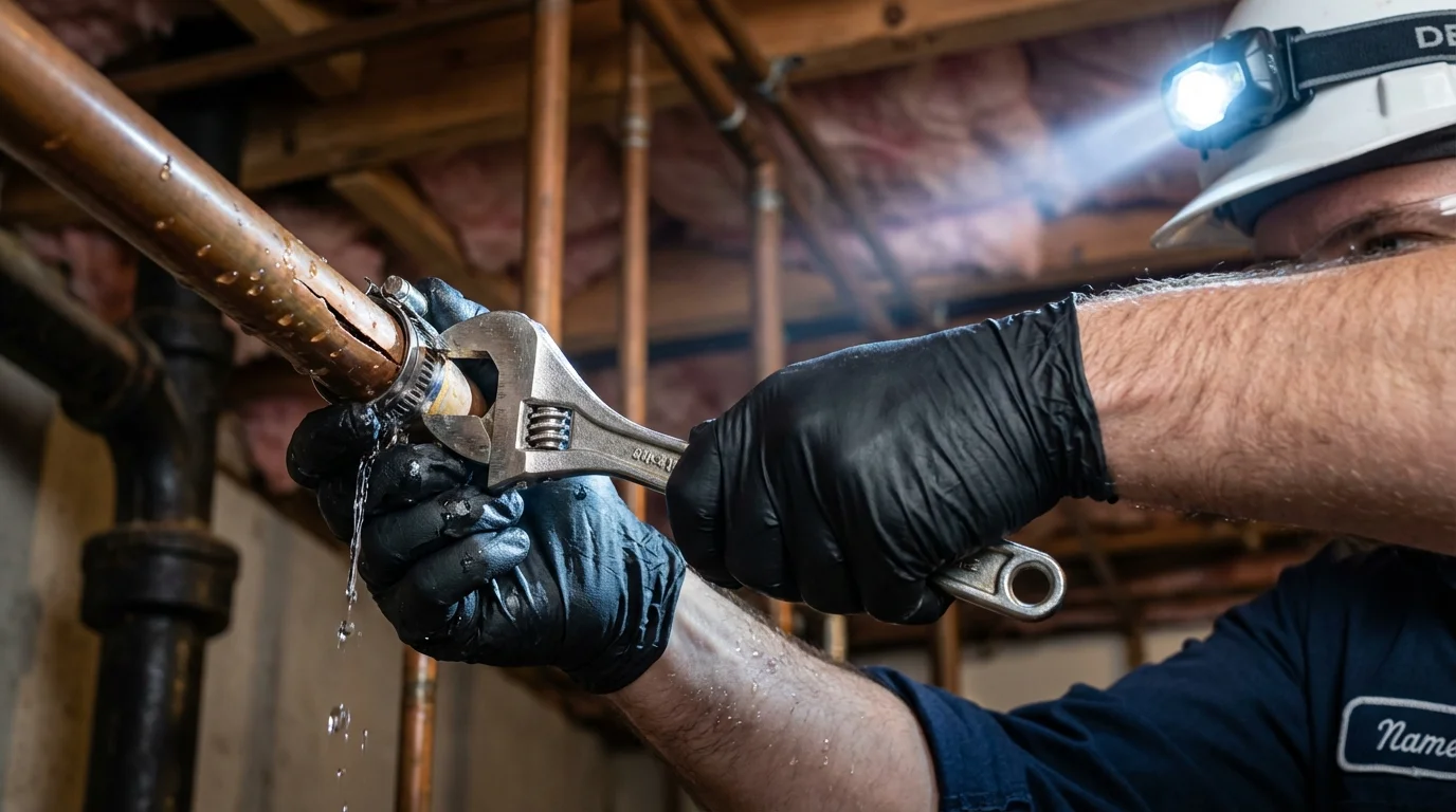 Emergency pipe clamp repair being performed by a Johns Plumbing LLC plumber in Corsicana