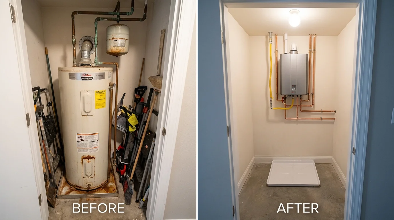 Tank water heater versus wall-mounted tankless unit comparison for Corsicana, TX homeowners