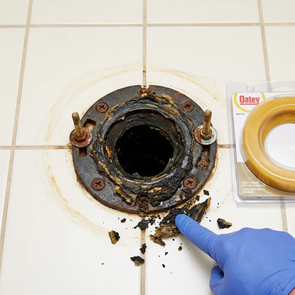 Failed wax ring showing water seepage at the base of a toilet in a Corsicana, TX home