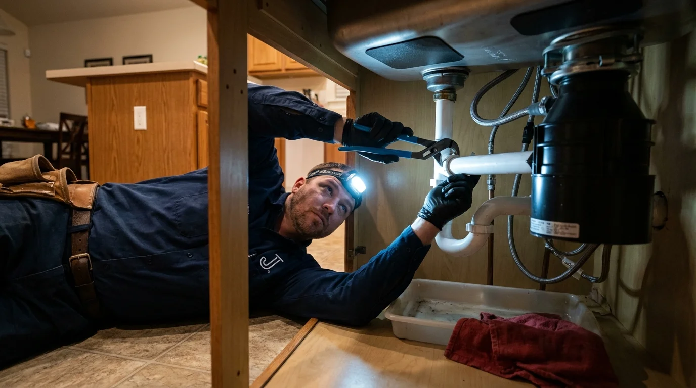 P-trap and supply line connections under a kitchen sink showing a common leak point in Corsicana, TX